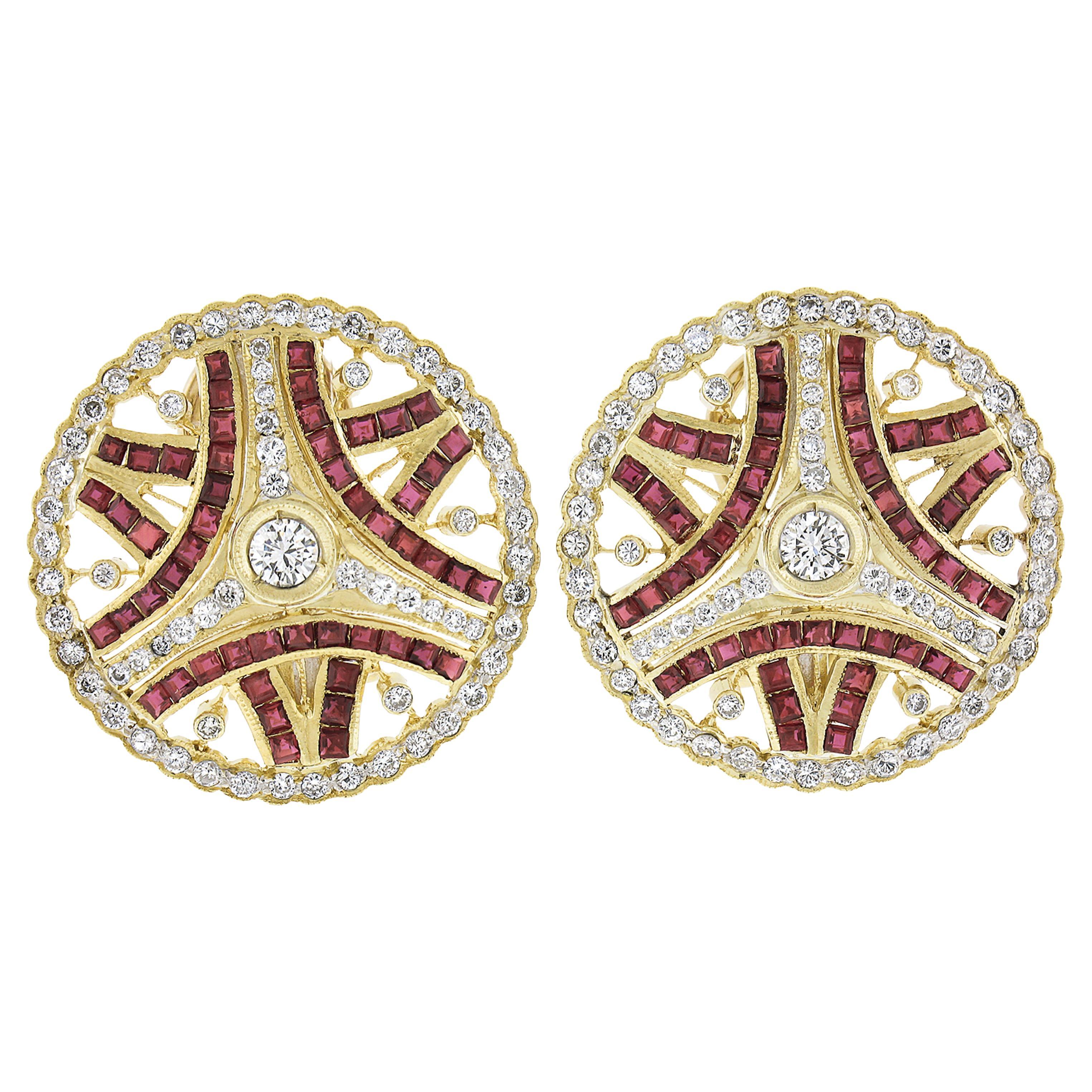 18K Yellow Gold 5ctw Calibre Ruby & Diamond Open Work Round Omega Back Earrings For Sale