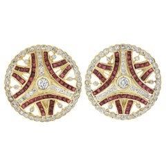 18K Yellow Gold 5ctw Calibre Ruby & Diamond Open Work Round Omega Back Earrings
