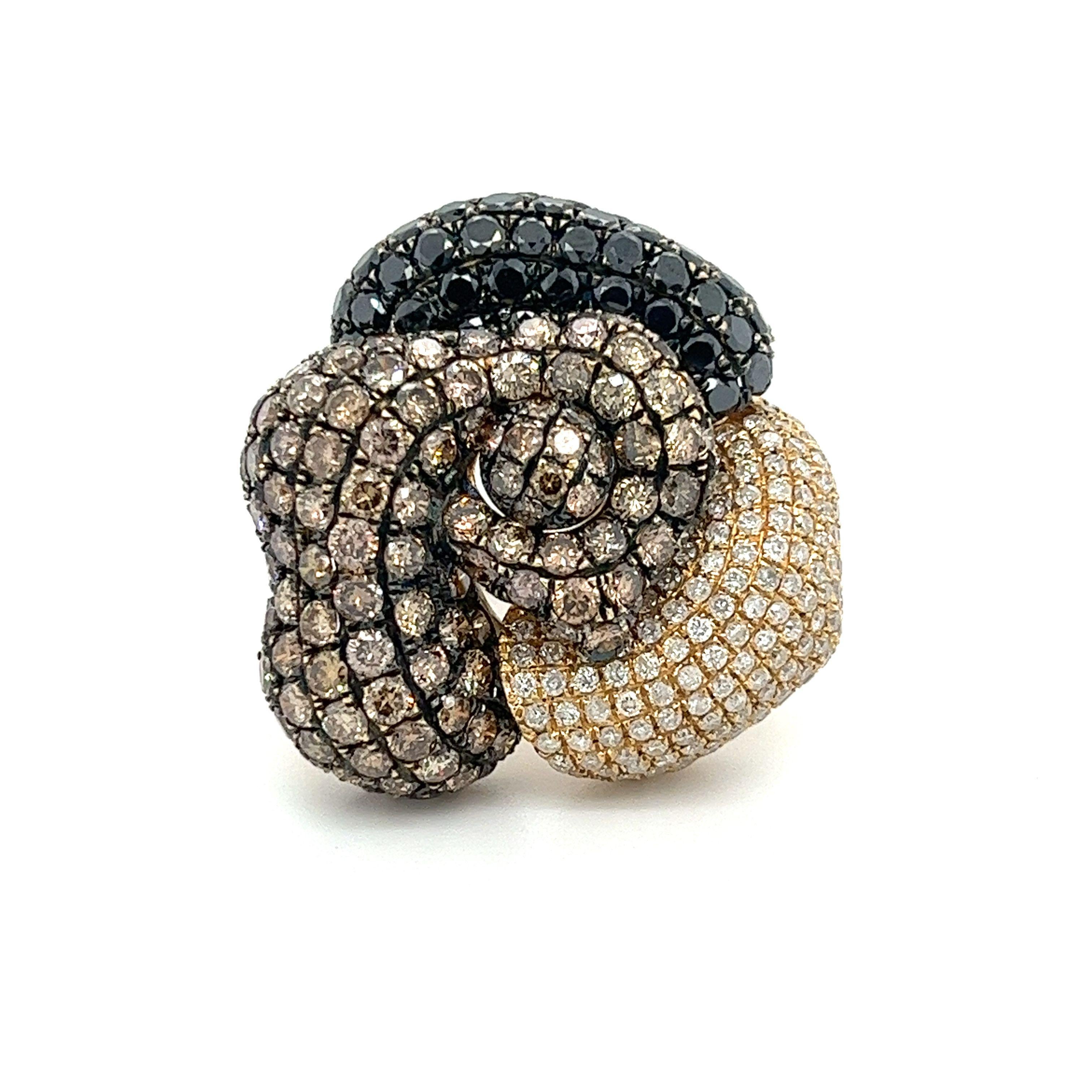 6 carat total brown, black, and white diamond cluster flower ring, a true masterpiece crafted in luxurious 18k yellow gold. This magnificent piece is the perfect combination of boldness and sophistication, designed to leave a lasting impression on