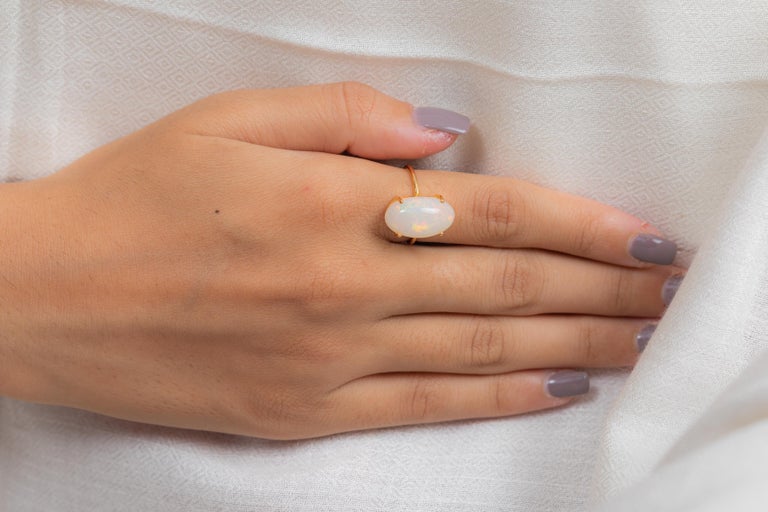 Bague En Or Jaune 14 Carats Avec Pierre De Lune Arc-en-ciel Naturelle Et 4 Diamants – Taille 7