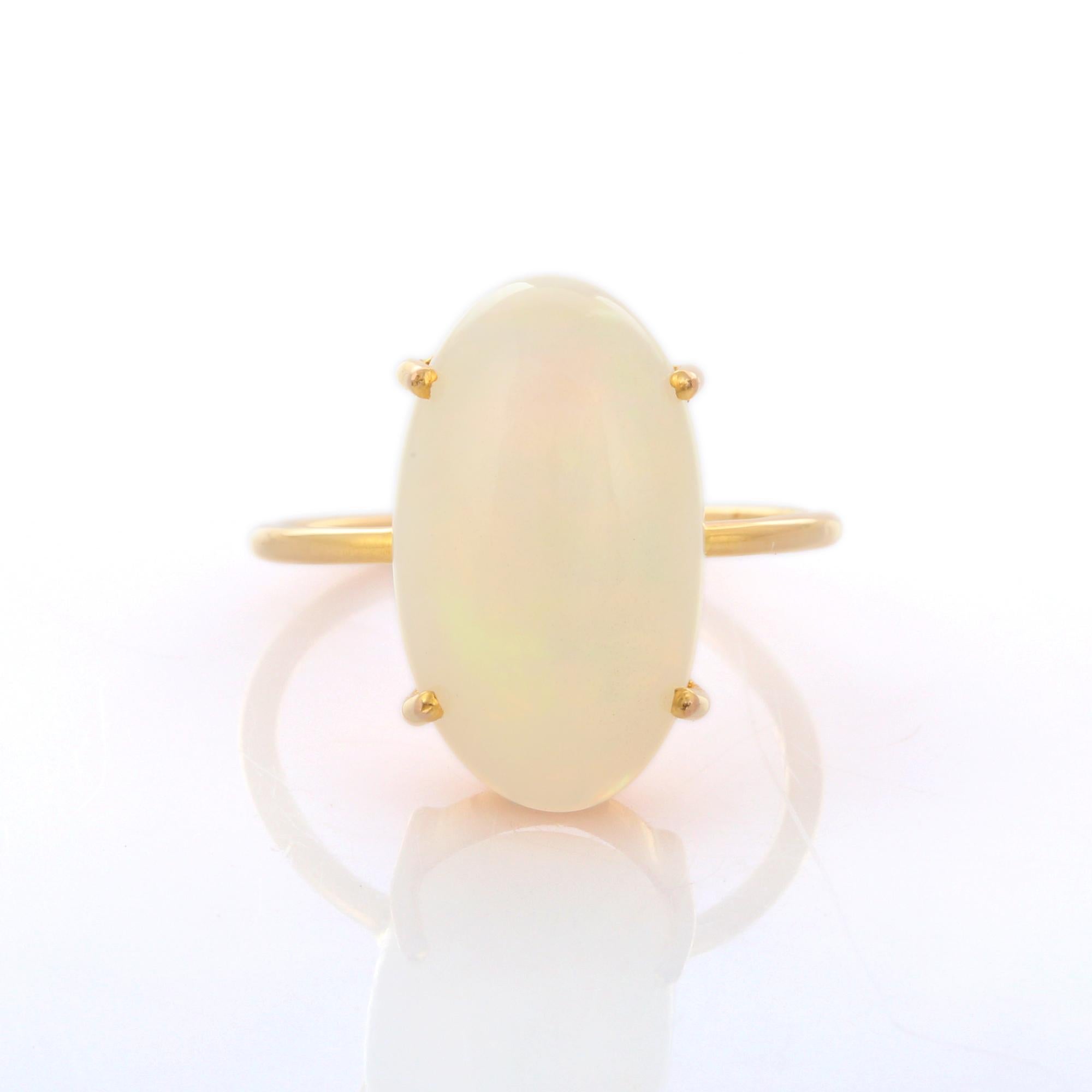 En vente :  Bague solitaire en or jaune massif 18 carats avec pierre de lune arc-en-ciel ovale de 6 carats 7