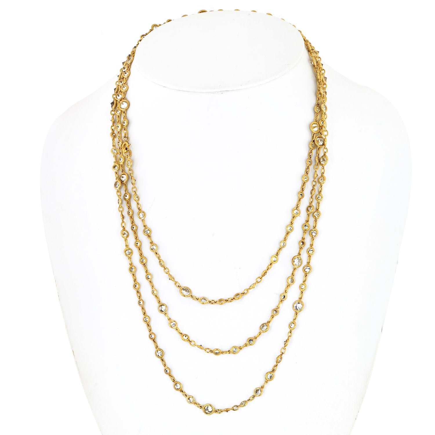 Elevate your jewelry collection with this stunning 18K Yellow Gold Round Cut Diamond By The Yard Necklace, measuring an impressive 60 inches in length and boasting a remarkable total carat weight of 30.00 carats. This necklace is the epitome of