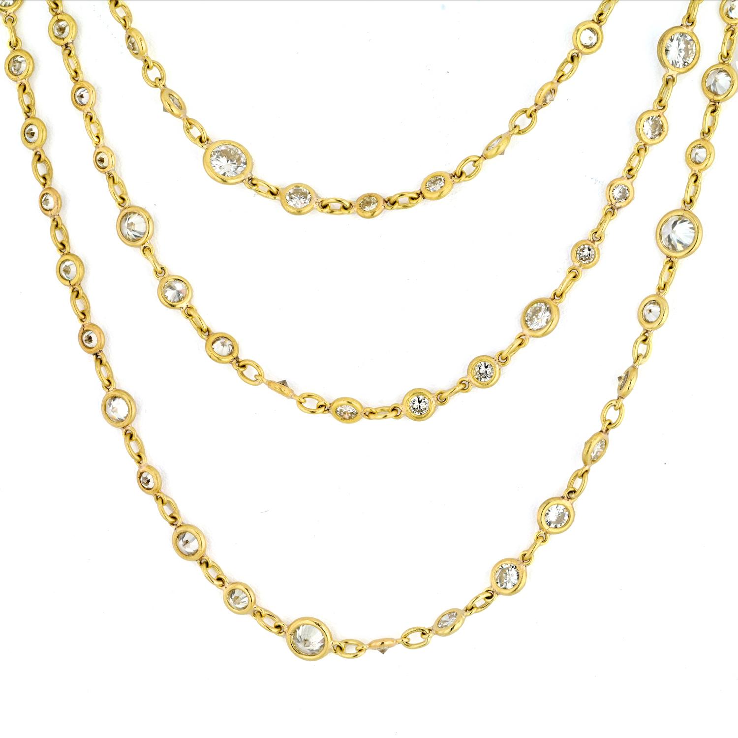 Modern 18K Yellow Gold 60 inches 30.00cttw Round Cut Diamond By The Yard Necklace For Sale