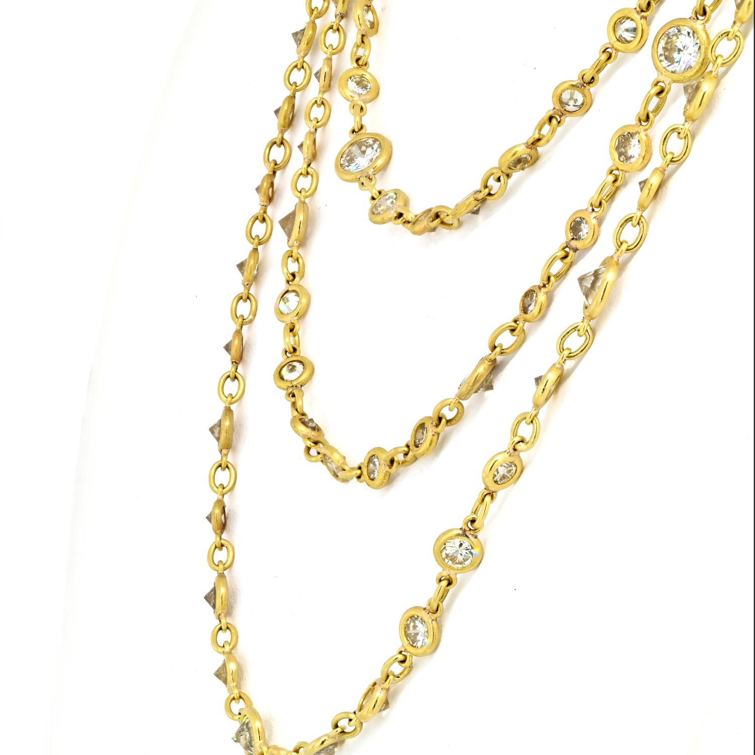 18K Yellow Gold 60 inches 30.00cttw Round Cut Diamond By The Yard Necklace In Excellent Condition For Sale In New York, NY