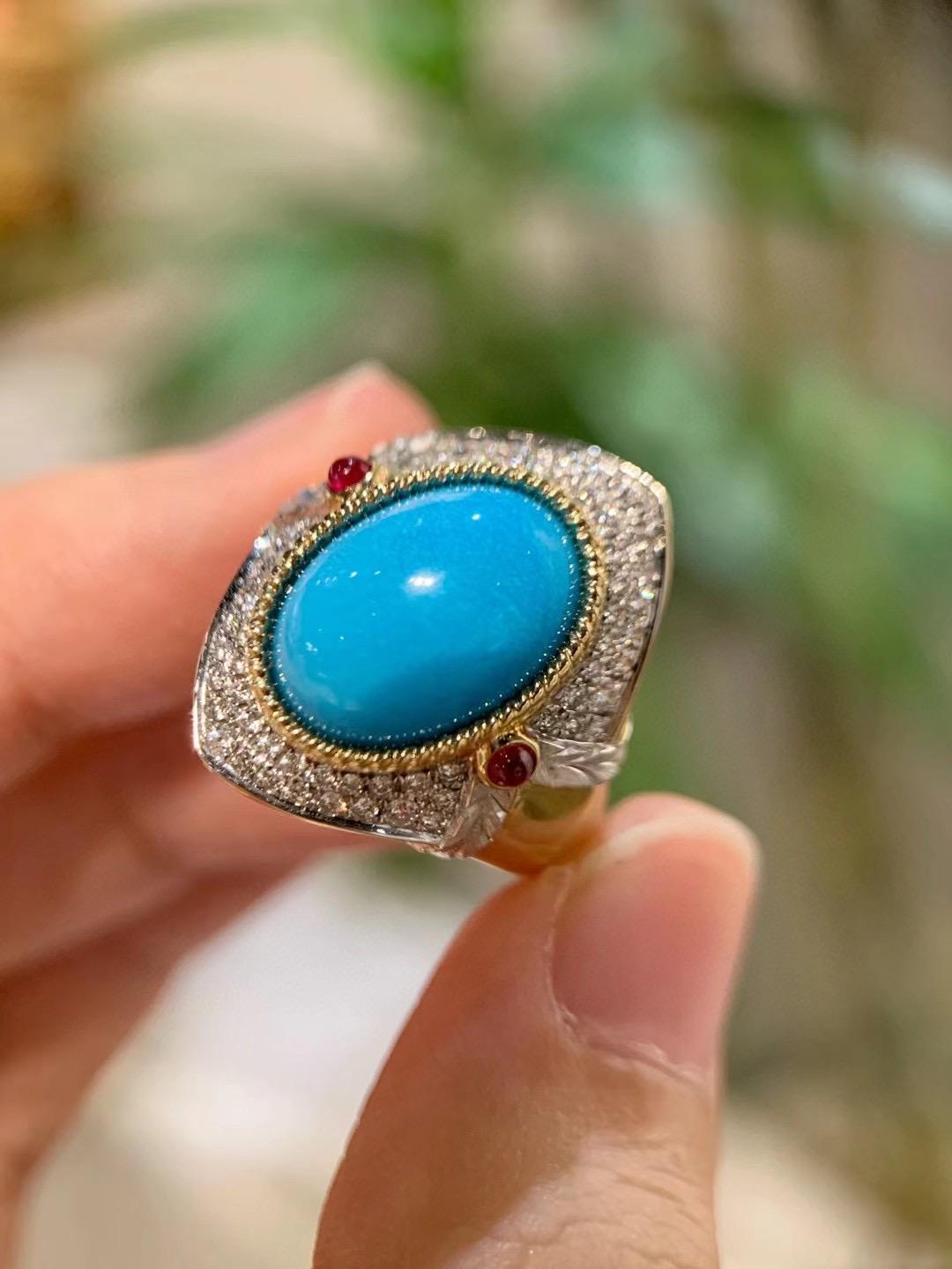 18 Karat Gelbgold 6,08 Karat Rohamerikanischer Türkis Cocktail-Ring mit Diamanten im Zustand „Neu“ in Kowloon, HK