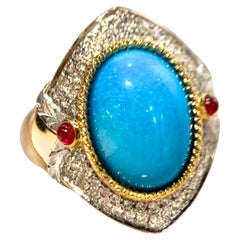 18 Karat Gelbgold 6,08 Karat Rohamerikanischer Türkis Cocktail-Ring mit Diamanten