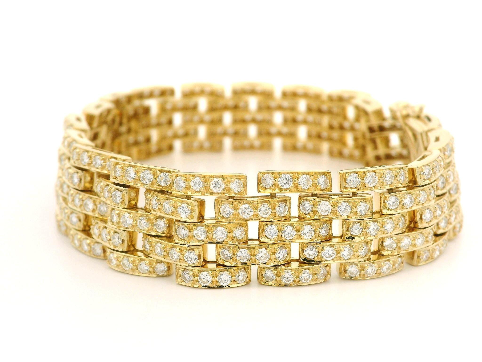 Or jaune 18k 6.08ctw Diamond Covered 5 Row Brick Pattern Wide Link Bracelets en or jaune 18k en vente 9