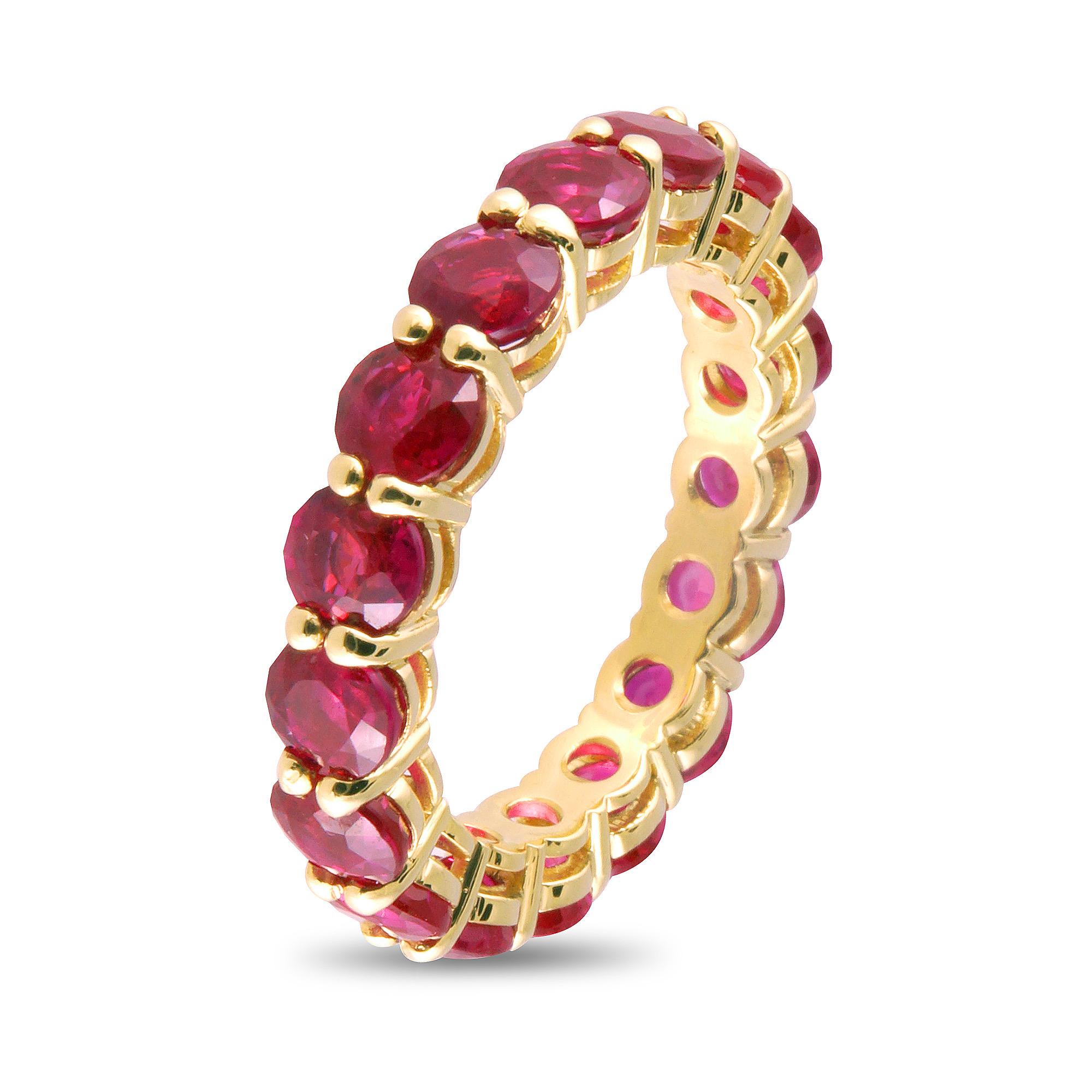 With rubies being one of the most popular and traditional jewelry gems, this 6.14 carat ruby eternity band is the perfect addition to give any ring stack a pop of color. Ideal gift to give to your significant other as a push present, Valentine’s Day