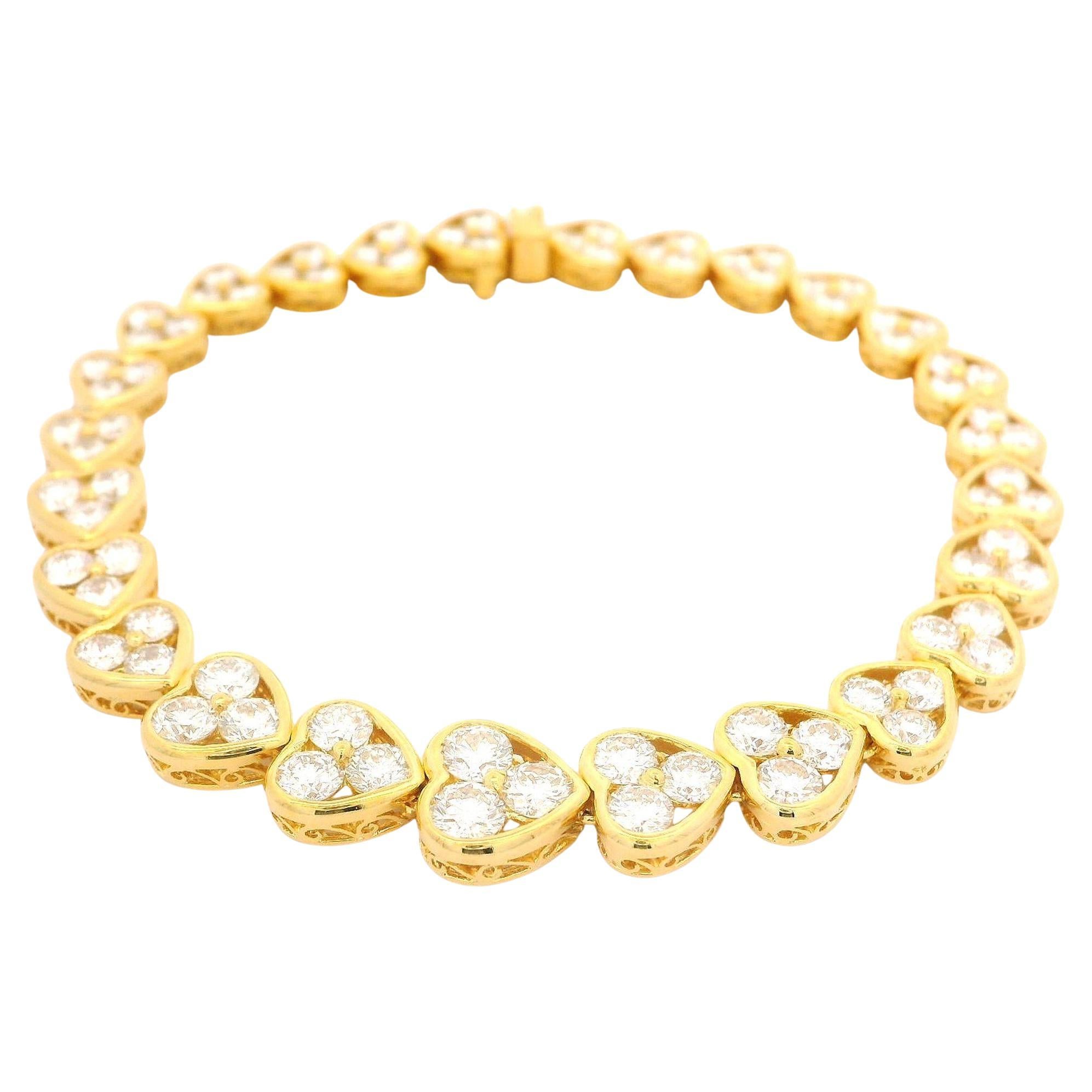 18k Yellow Gold 6.26ctw Fiery Diamond Graduated Open Heart Link Tennis Bracelet For Sale