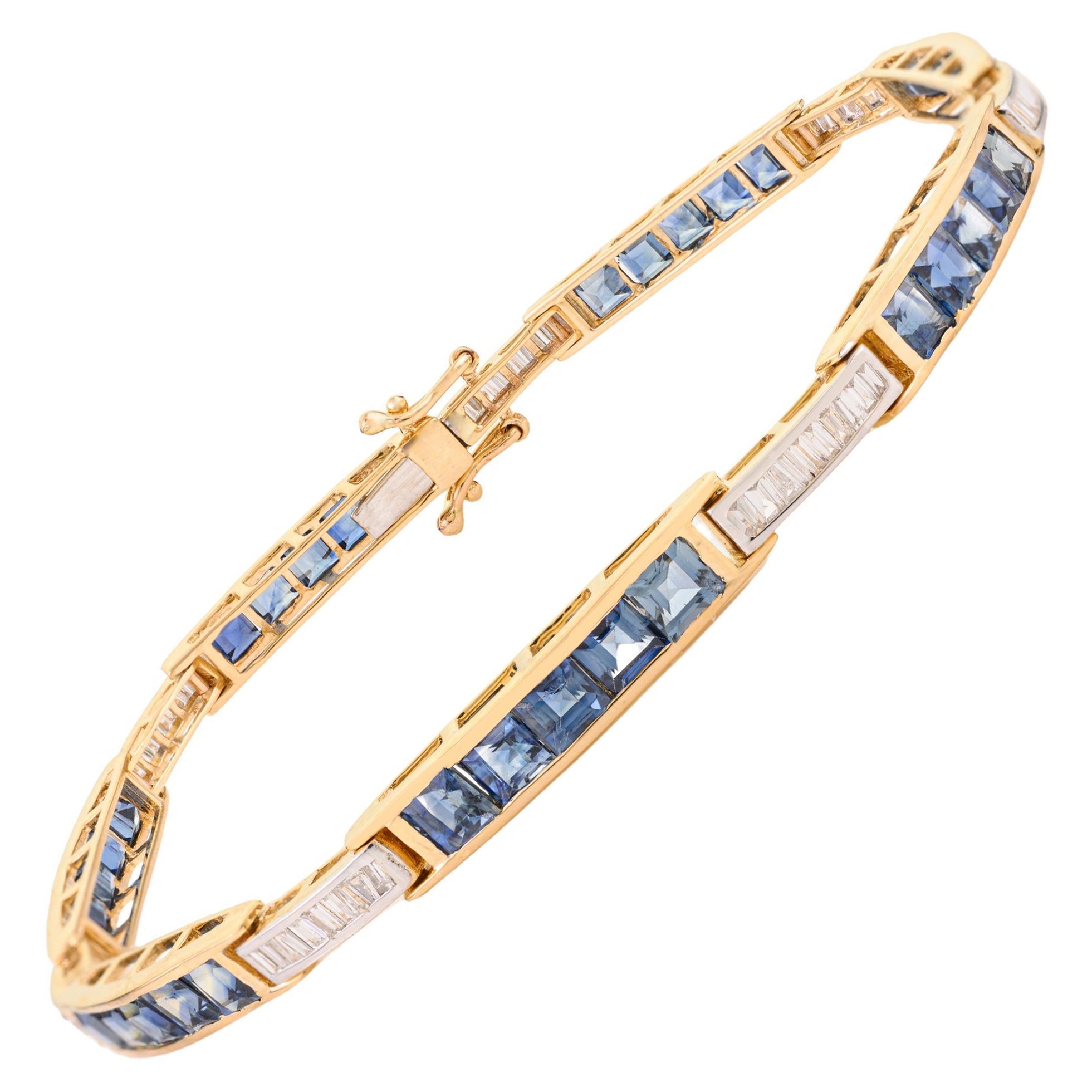 Bracelet de tennis en or jaune 18K 6.44 ct saphir bleu et diamant baguette pour elle