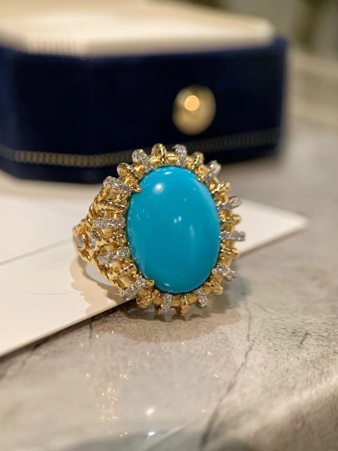 18K Yellow Gold 6.49 CT Raw American Turquoise Cocktail Ring with Diamonds

1 Raw American Turquoise - 6.49CT
Round Natural Diamonds 

Total Weight - 12.11GM

Experience the allure of elegance with our 18K Yellow Gold Raw American Turquoise Cocktail