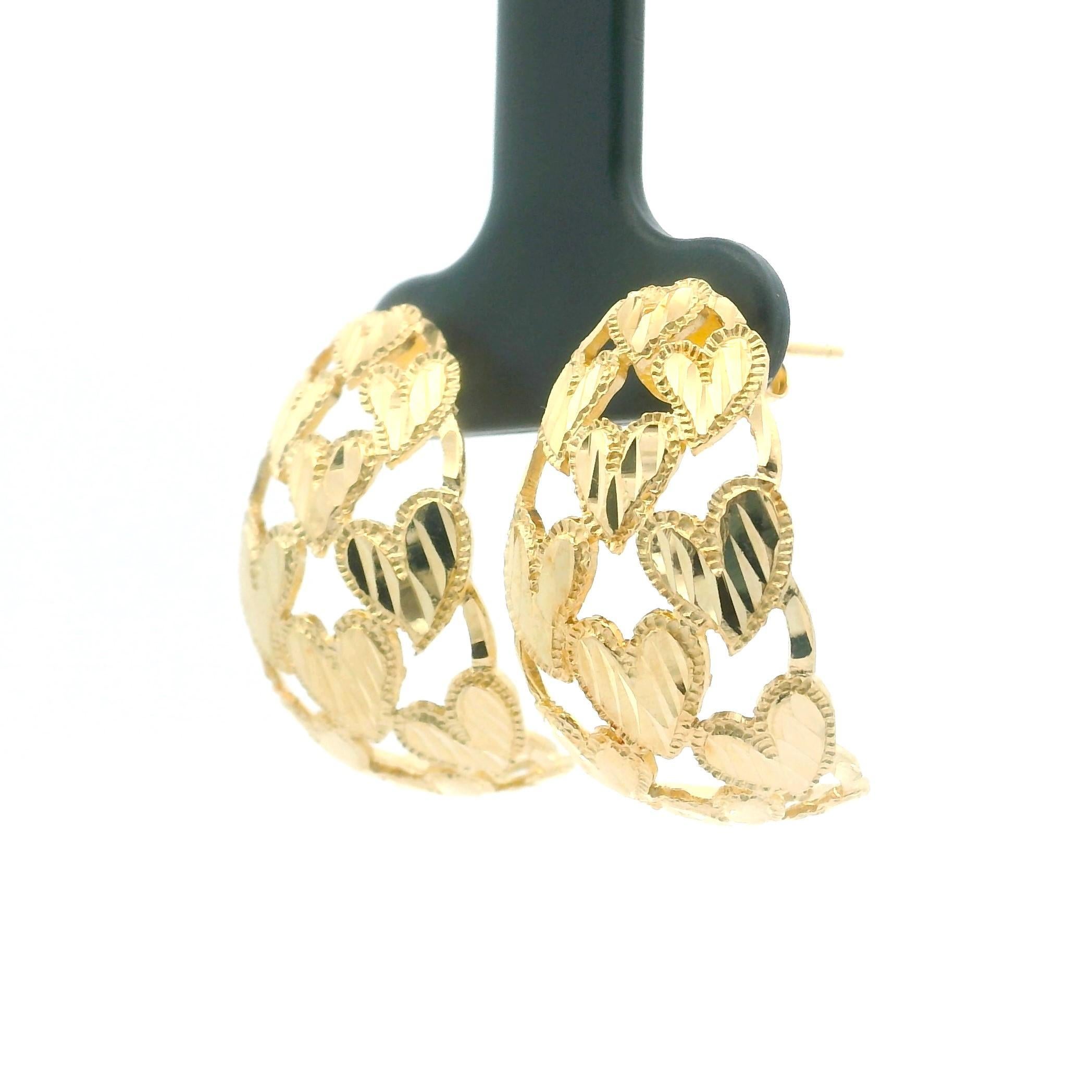Women's 18k Yellow Gold 6.4g Solid Diamond Cut Heart Earrings 1