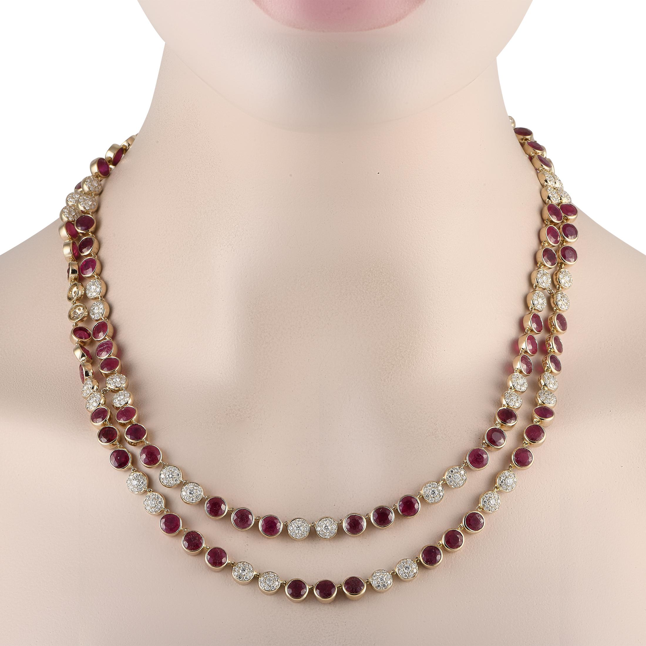 This dramatic dual-strand necklace is a luxurious showpiece that will continually impress. Ruby gemstones totaling 40.0 carats alternate with 6.50 carats of sparkling Diamond accents. Crafted from 18K Yellow Gold, this eye-catching accessory
