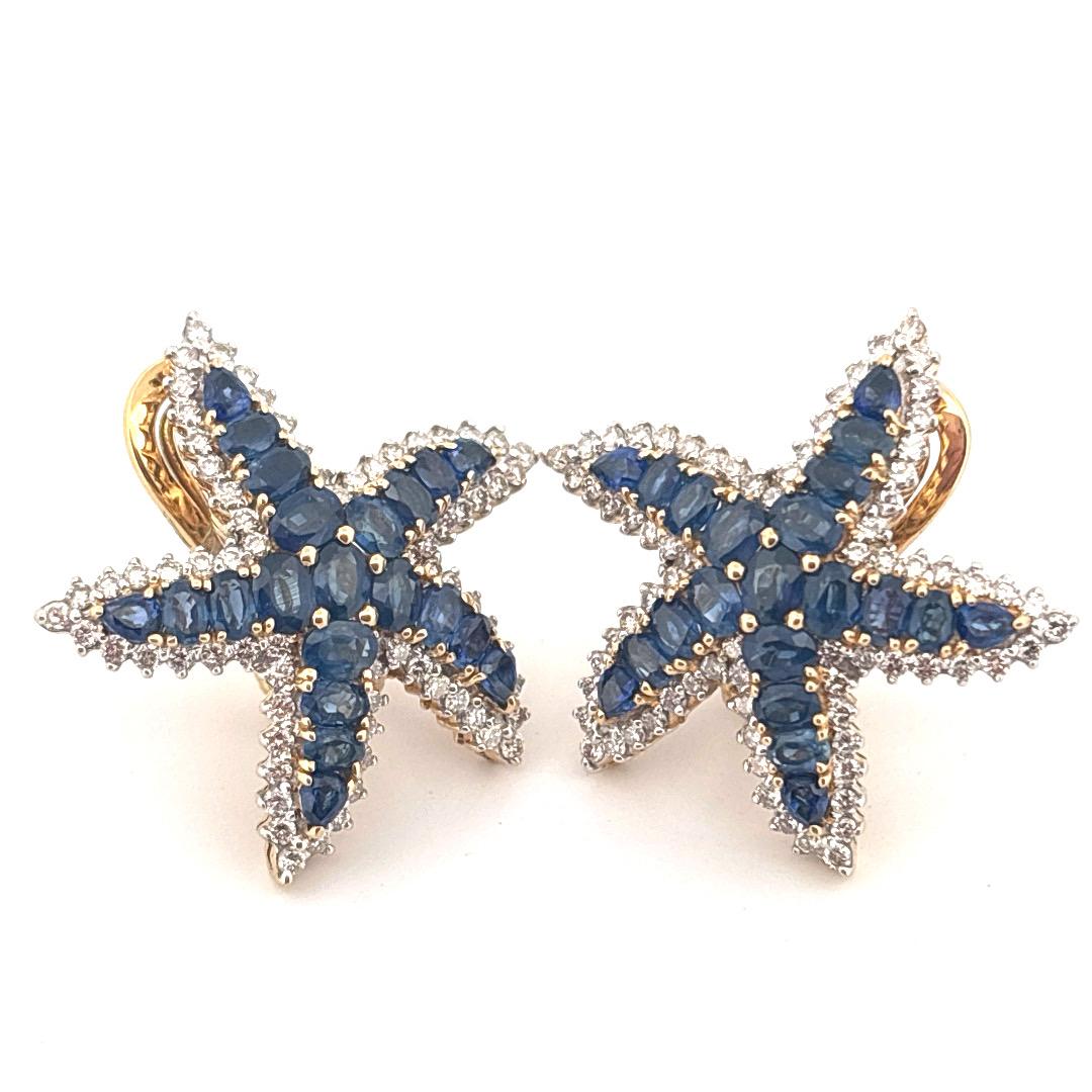 Taglio ovale Orecchini a forma di stella marina in oro giallo 18K con zaffiro da 6,60 carati e diamante da 1,50 carati in vendita