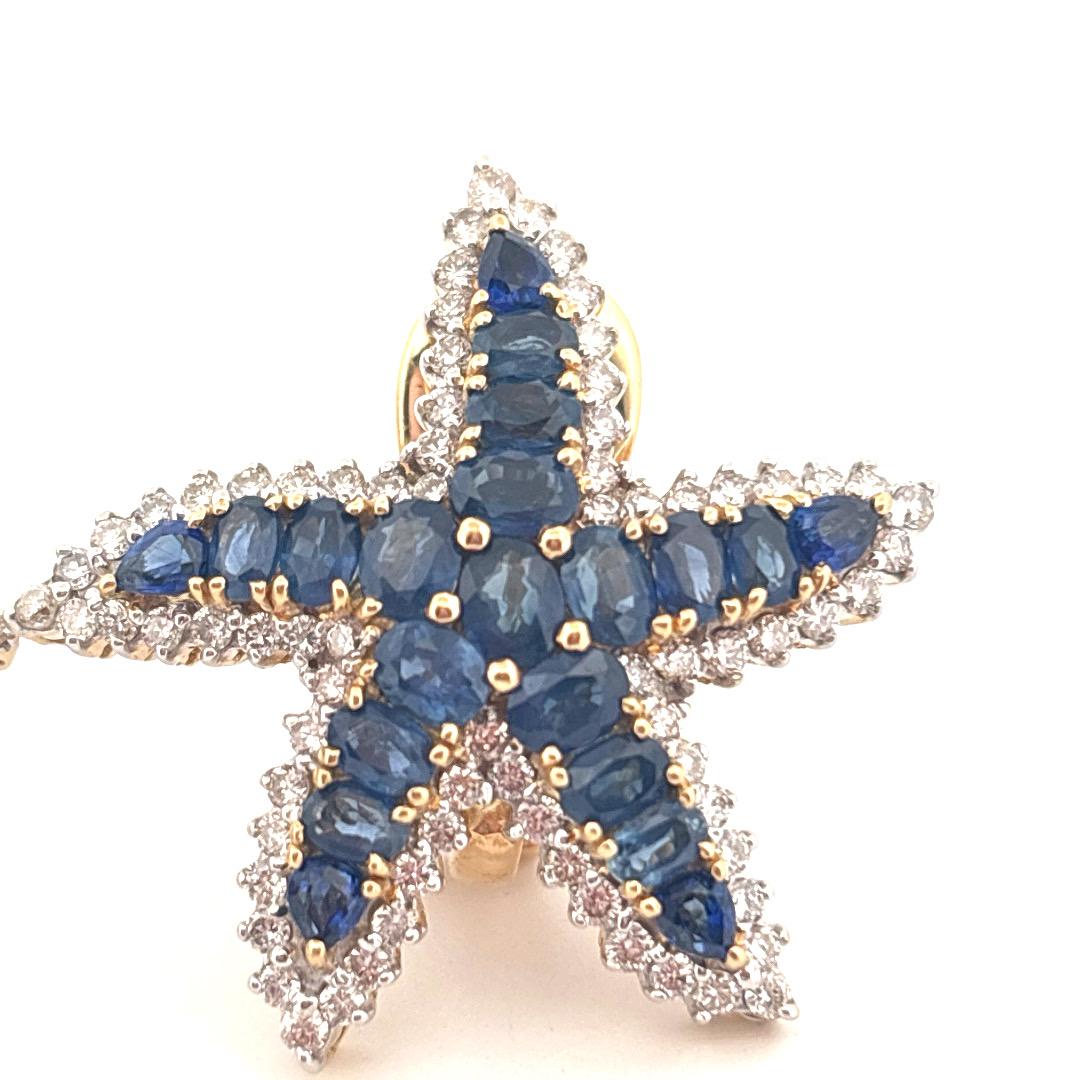 Orecchini a forma di stella marina in oro giallo 18K con zaffiro da 6,60 carati e diamante da 1,50 carati in vendita 3