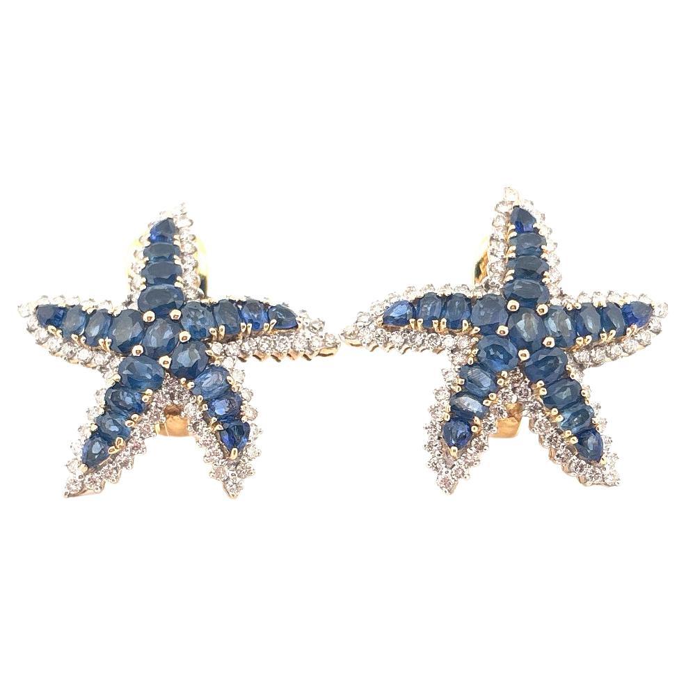 Orecchini a forma di stella marina in oro giallo 18K con zaffiro da 6,60 carati e diamante da 1,50 carati in vendita