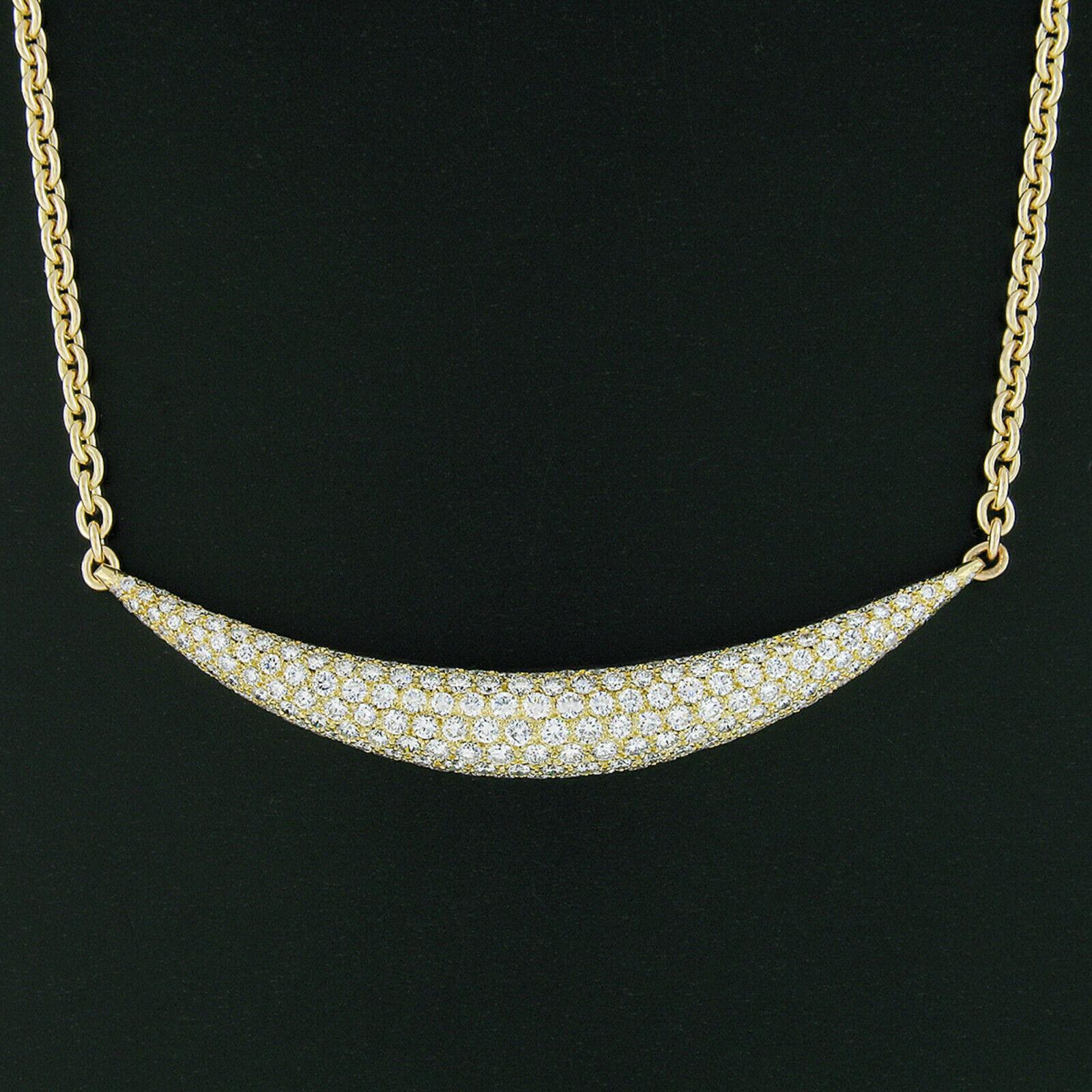 Round Cut 18k Yellow Gold 6.75ctw Top Quality Pave Round Diamond Curved Domed Bar Necklace