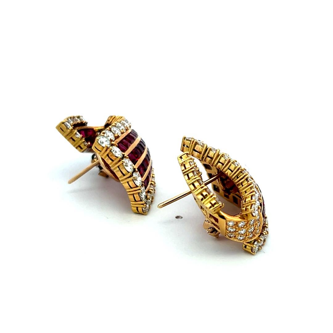 18K Yellow Gold 6.85ct Diamond & 5.78ct Ruby Princess Cut Clip-On Earrings For Sale 6