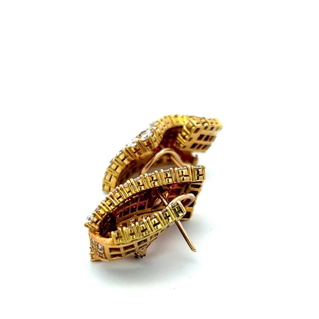 18K Yellow Gold 6.85ct Diamond & 5.78ct Ruby Princess Cut Clip-On Earrings For Sale 8