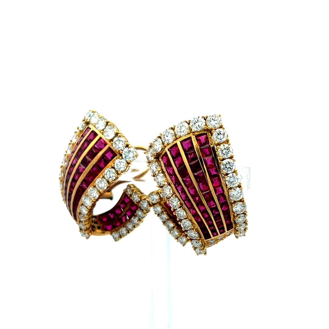 18K Yellow Gold 6.85ct Diamond & 5.78ct Ruby Princess Cut Clip-On Earrings For Sale 2