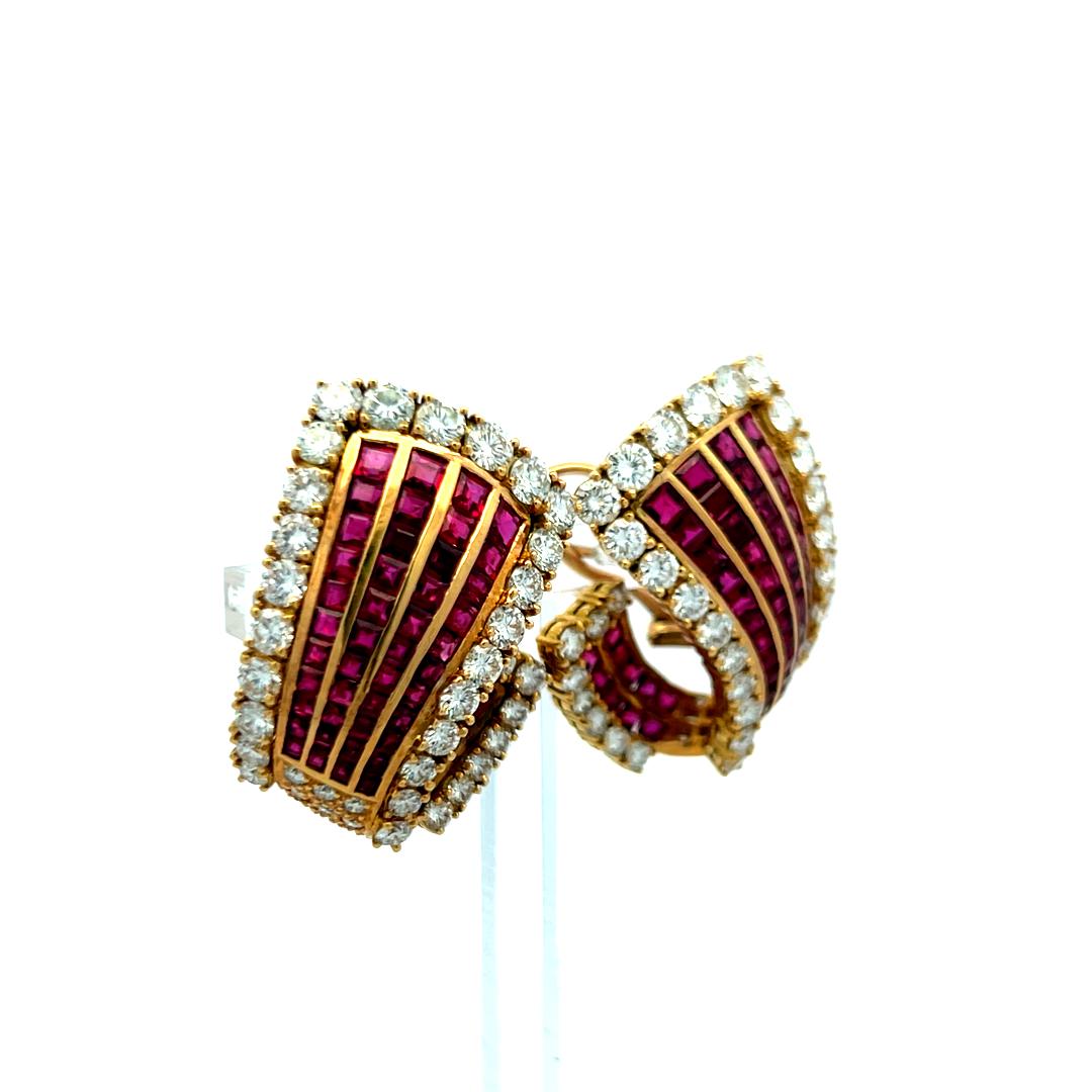 18K Yellow Gold 6.85ct Diamond & 5.78ct Ruby Princess Cut Clip-On Earrings For Sale 3