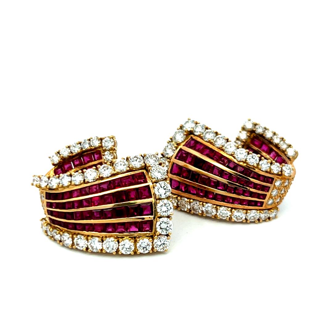 18K Yellow Gold 6.85ct Diamond & 5.78ct Ruby Princess Cut Clip-On Earrings For Sale 4