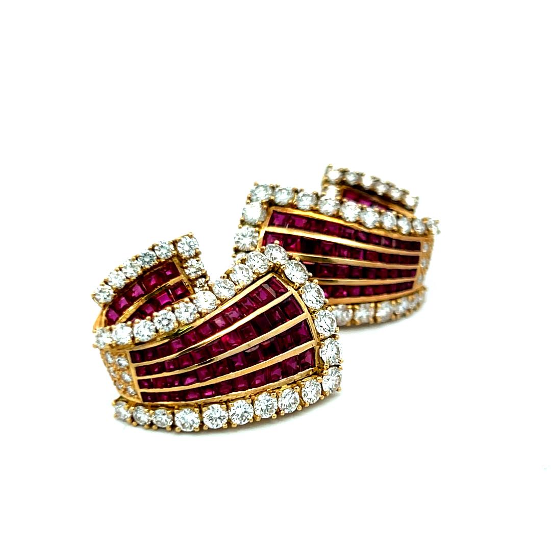 18K Yellow Gold 6.85ct Diamond & 5.78ct Ruby Princess Cut Clip-On Earrings For Sale 5
