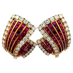 18K Yellow Gold 6.85ct Diamond 
5.78ct Ruby Princess Cut Clip-On Earrings