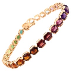 14K Yellow Gold 6x4 MM Rainbow Hexagon Cut Multi-Gemstones Tennis Bracelet