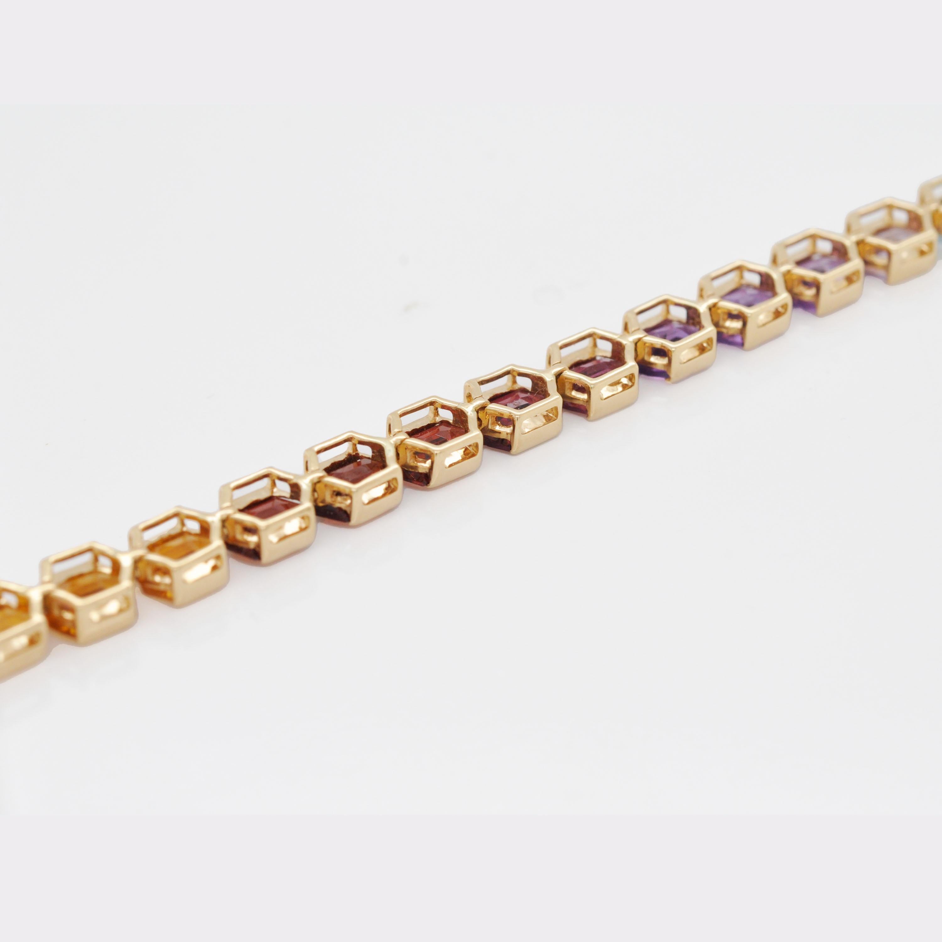 14K Gelbgold 6x4 MM Regenbogen Sechseck Schliff Multi-Edelsteine Tennis-Armband im Angebot 2