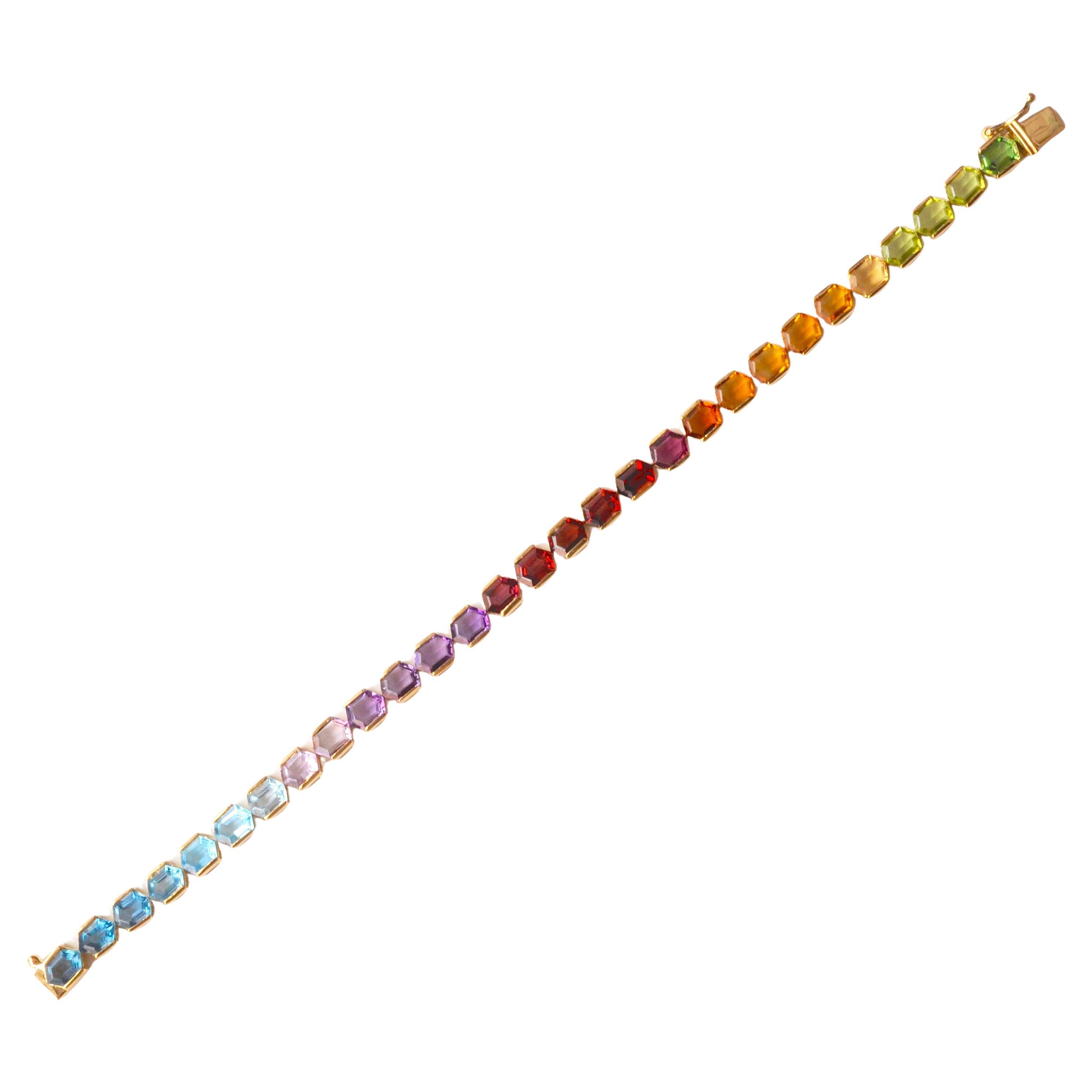 14K Gelbgold 6x4 MM Regenbogen Sechseck Schliff Multi-Edelsteine Tennis-Armband
