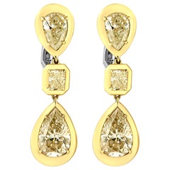 18K Yellow Gold 7 4/5ct Yellow Pear & Emerald Cut Diamond Drop & Dangle Earring