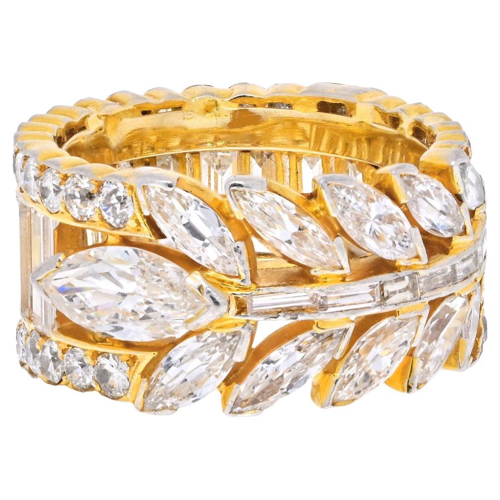 Bague d'éternité en or jaune 18 carats avec diamants marquises, ronds et baguettes de 7 carats