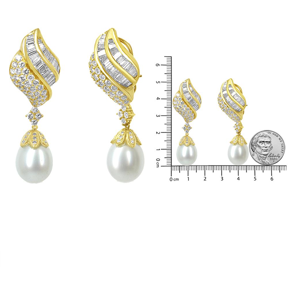 Baguette Cut 18K Yellow Gold 7.0 Carat Diamond South Sea Pearl Drop Dangle Clip-On Earrings For Sale