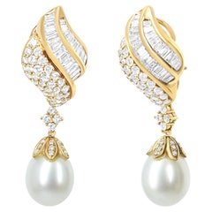 18K Yellow Gold 7.0 Carat Diamond South Sea Pearl Drop Dangle Clip-On Earrings