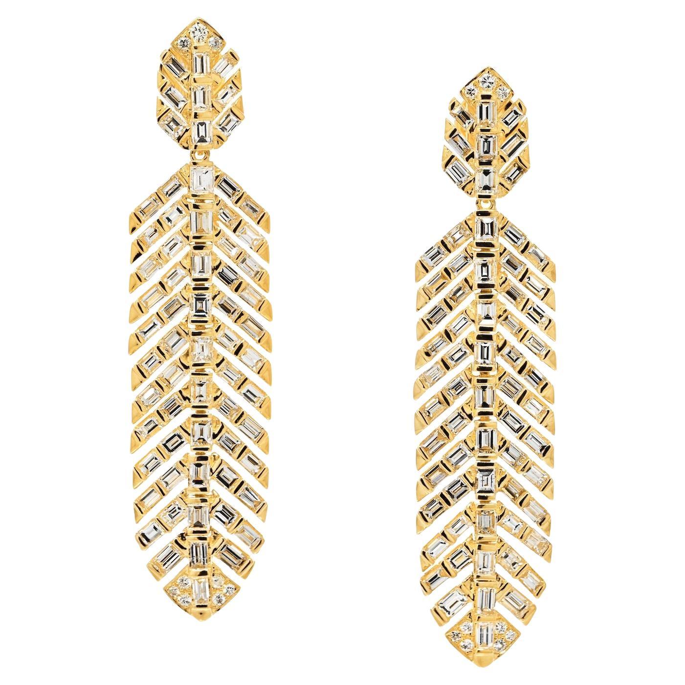 18k Yellow Gold 7.15cttw Diamond Feather Drop Dangling Earrings