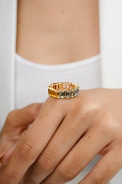 18k Yellow Gold 7.4 Carat Octagon Rainbow Sapphire Eternity Band Ring for Women