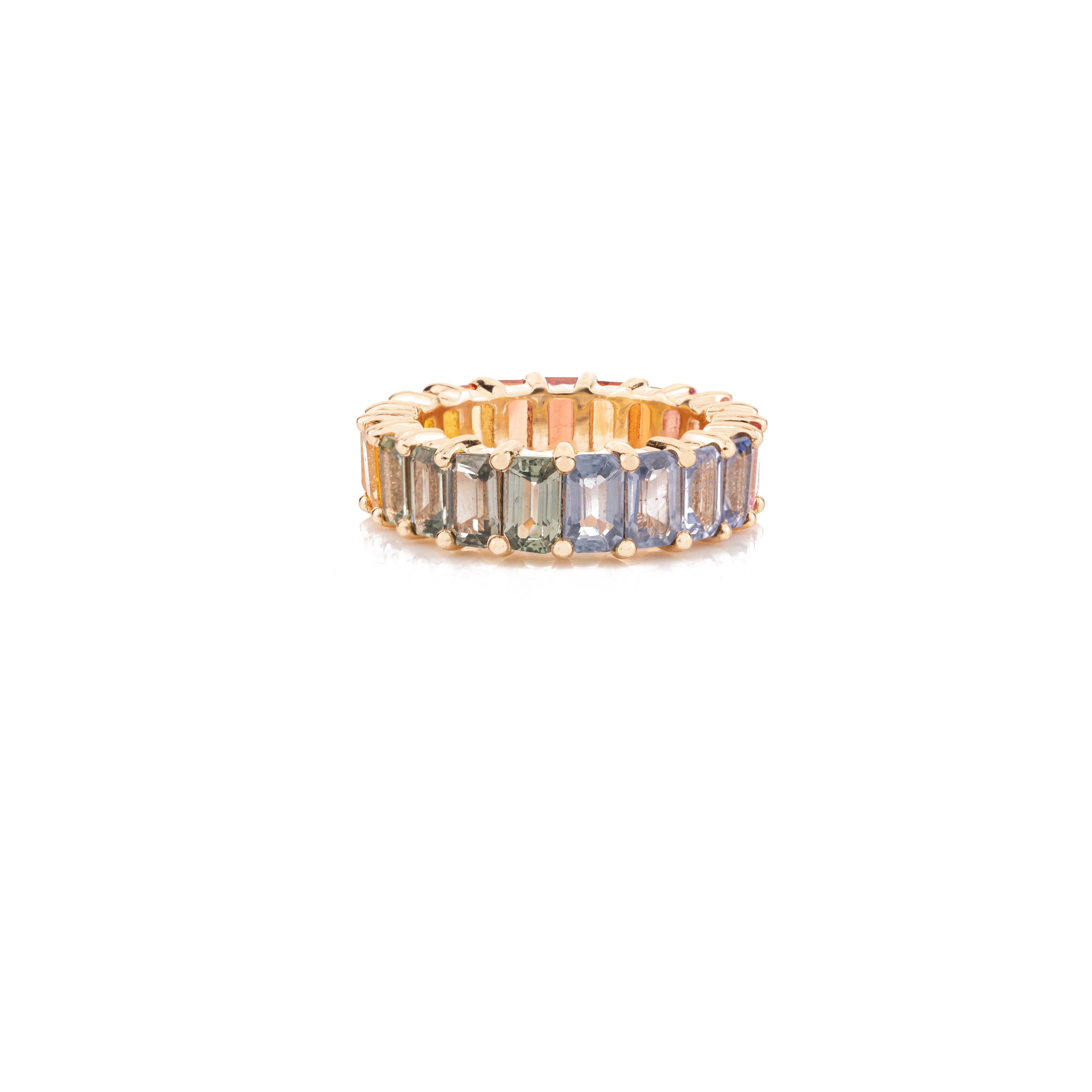 For Sale:  18k Yellow Gold 7.4 Carat Octagon Rainbow Sapphire Eternity Band Ring for Women 3