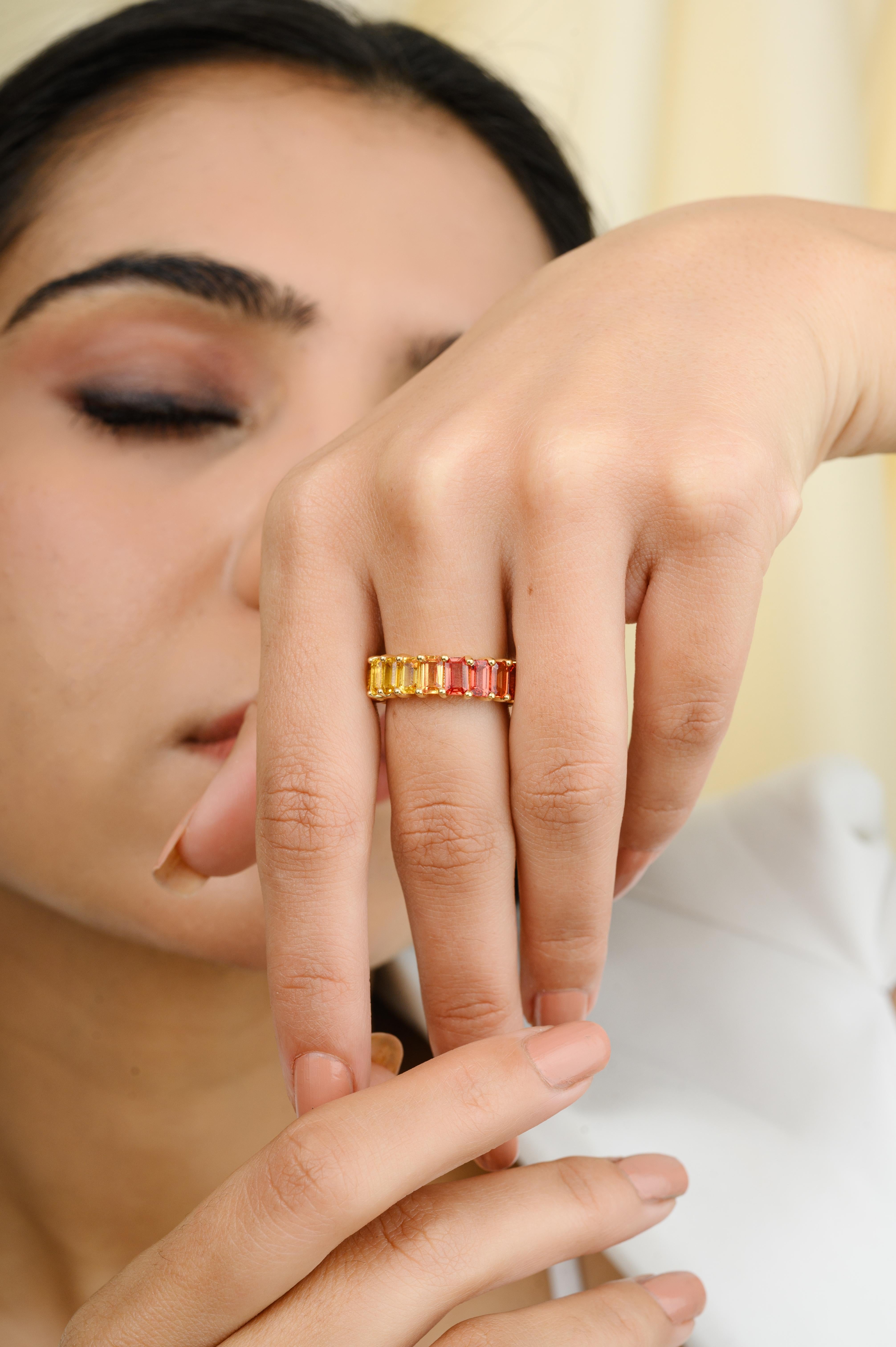 For Sale:  18k Yellow Gold 7.4 Carat Octagon Rainbow Sapphire Eternity Band Ring for Women 4