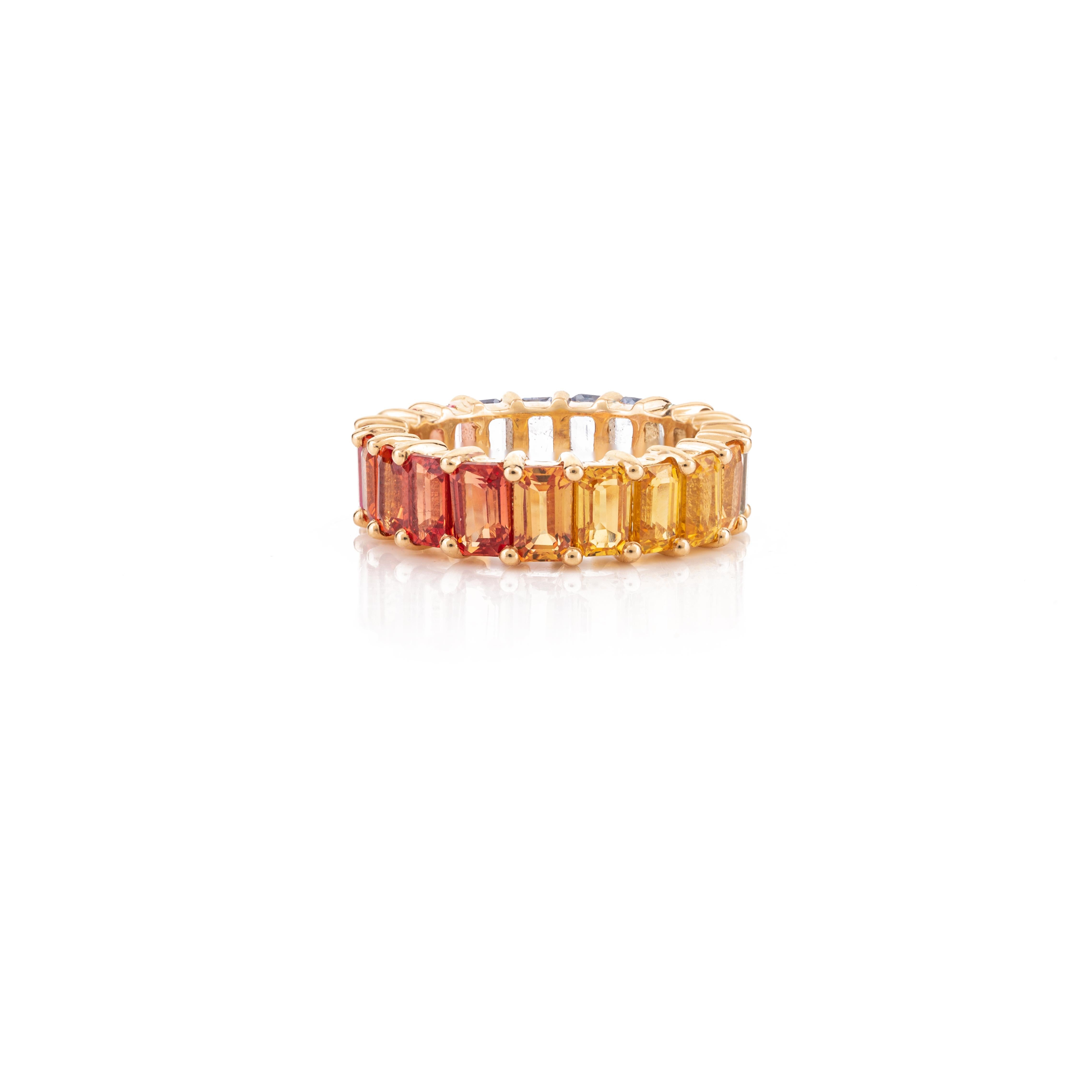 For Sale:  18k Yellow Gold 7.4 Carat Octagon Rainbow Sapphire Eternity Band Ring for Women 5