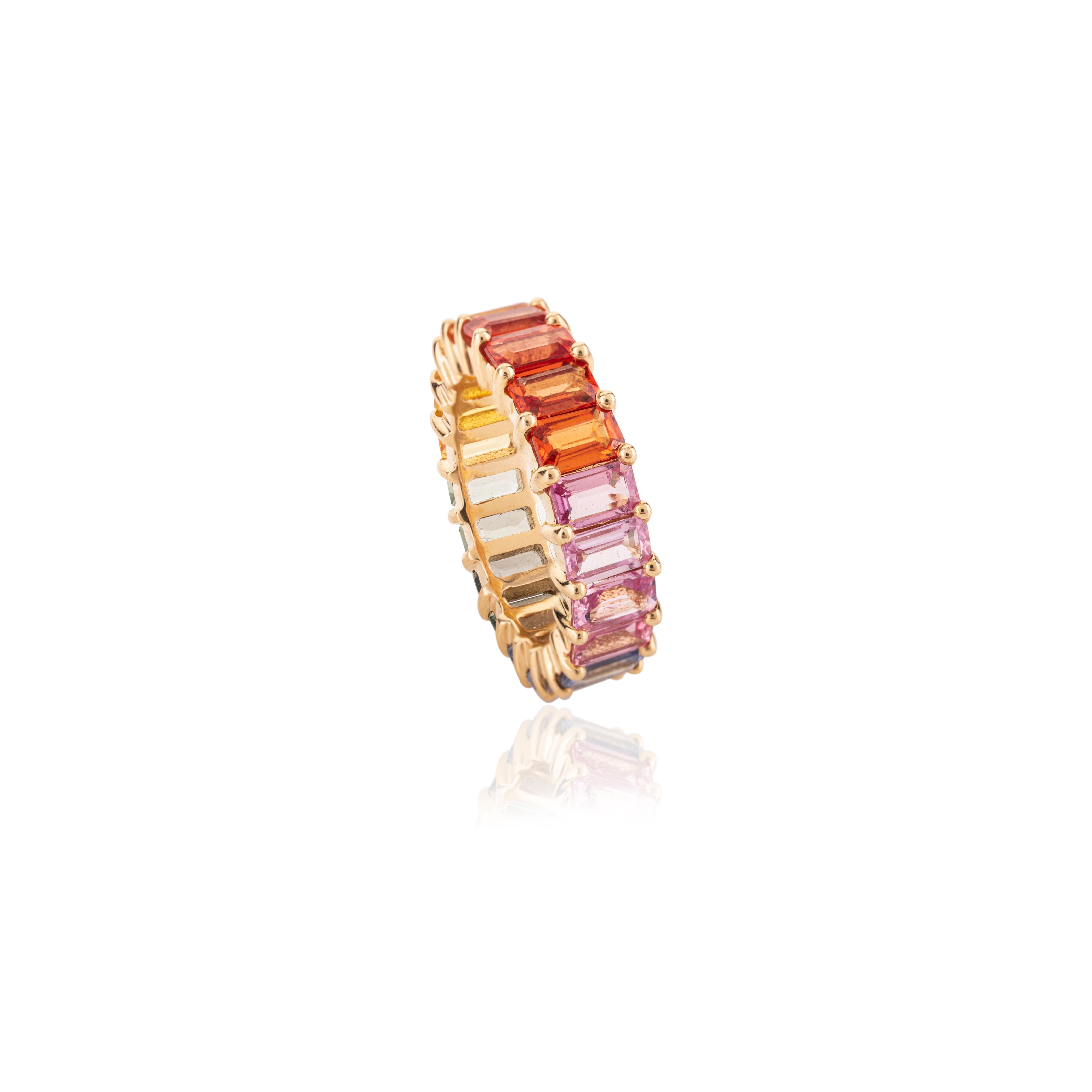 For Sale:  18k Yellow Gold 7.4 Carat Octagon Rainbow Sapphire Eternity Band Ring for Women 7