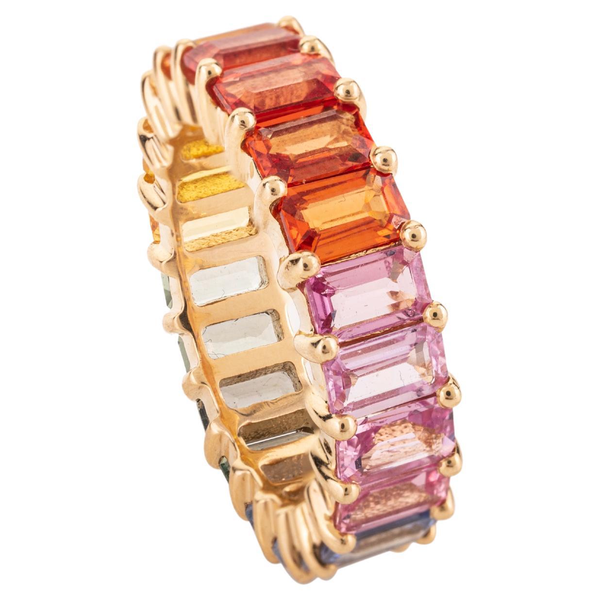 For Sale:  18k Yellow Gold 7.4 Carat Octagon Rainbow Sapphire Eternity Band Ring for Women