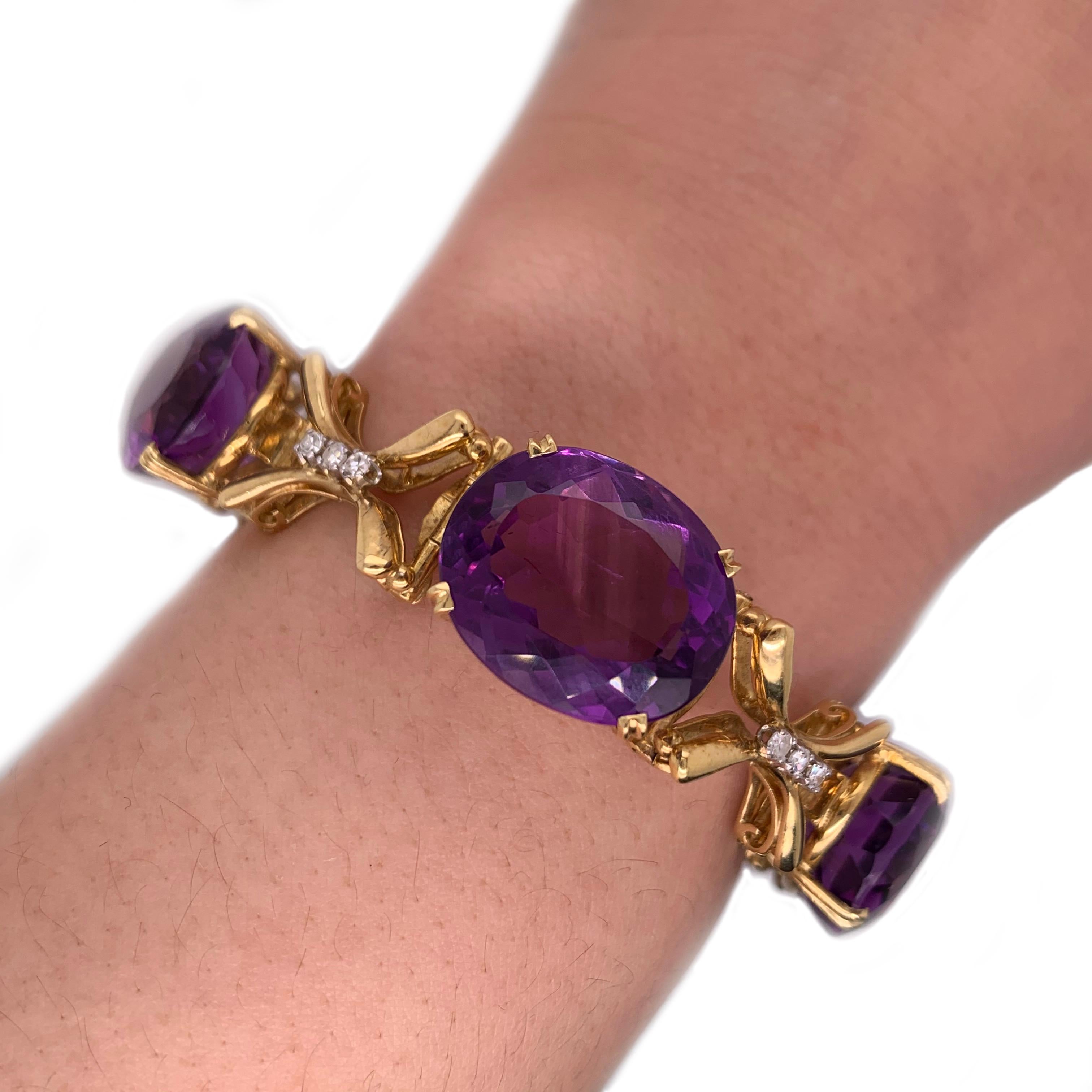 Round Cut 18 Karat Yellow Gold Amethyst and Diamond Bracelet For Sale