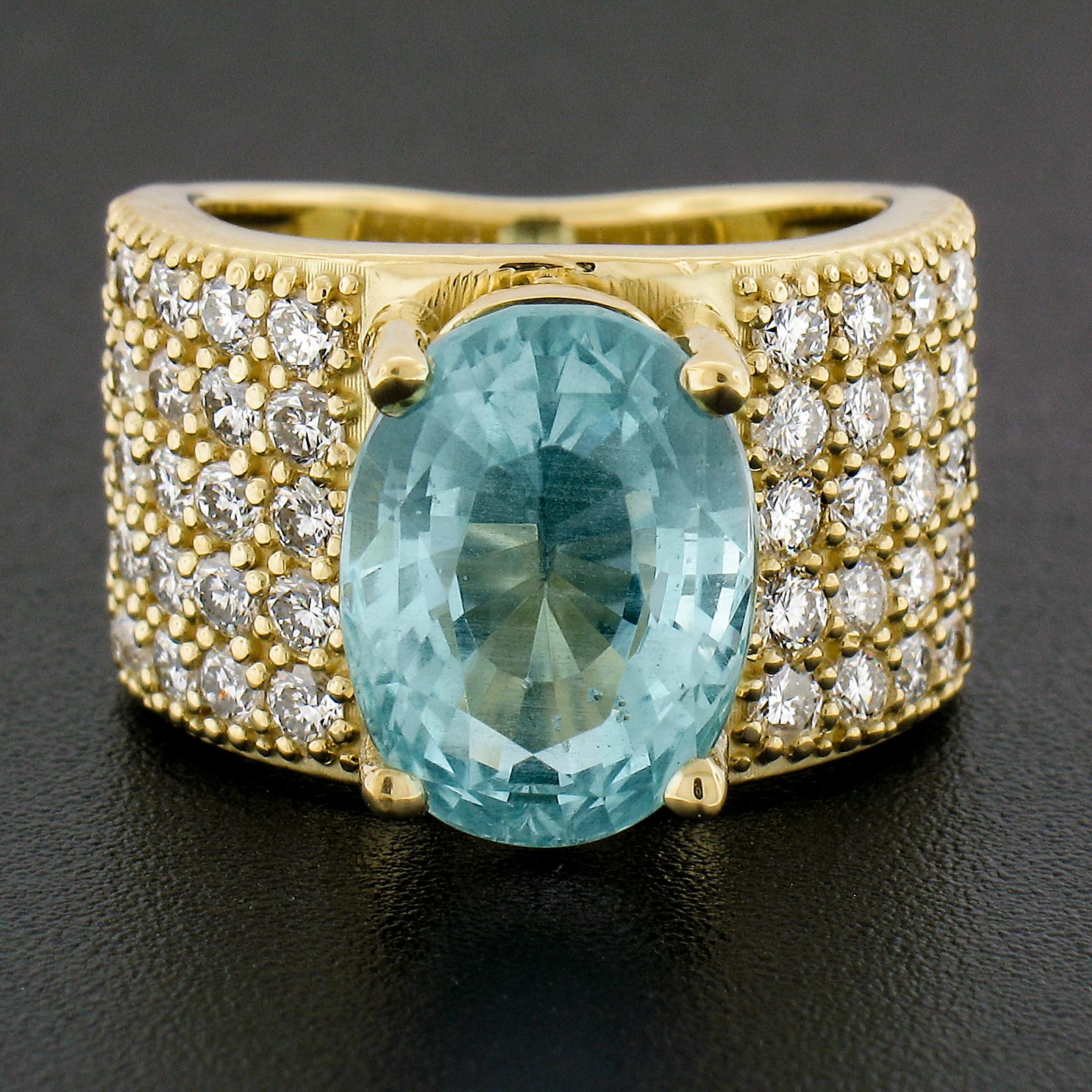 Oval Cut 18k Yellow Gold 7.60ctw Large Oval Aquamarine & Pave Diamond Wide Cocktail Ring For Sale