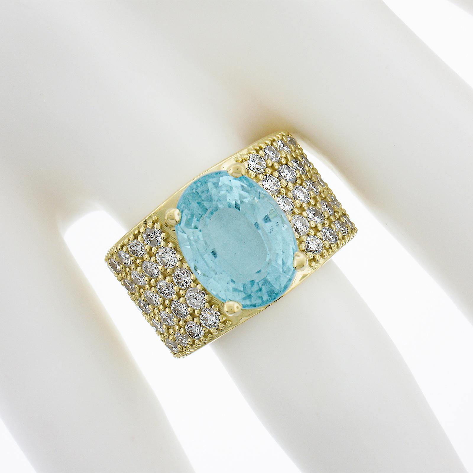 18k Yellow Gold 7.60ctw Large Oval Aquamarine & Pave Diamond Wide Cocktail Ring In Excellent Condition For Sale In Montclair, NJ