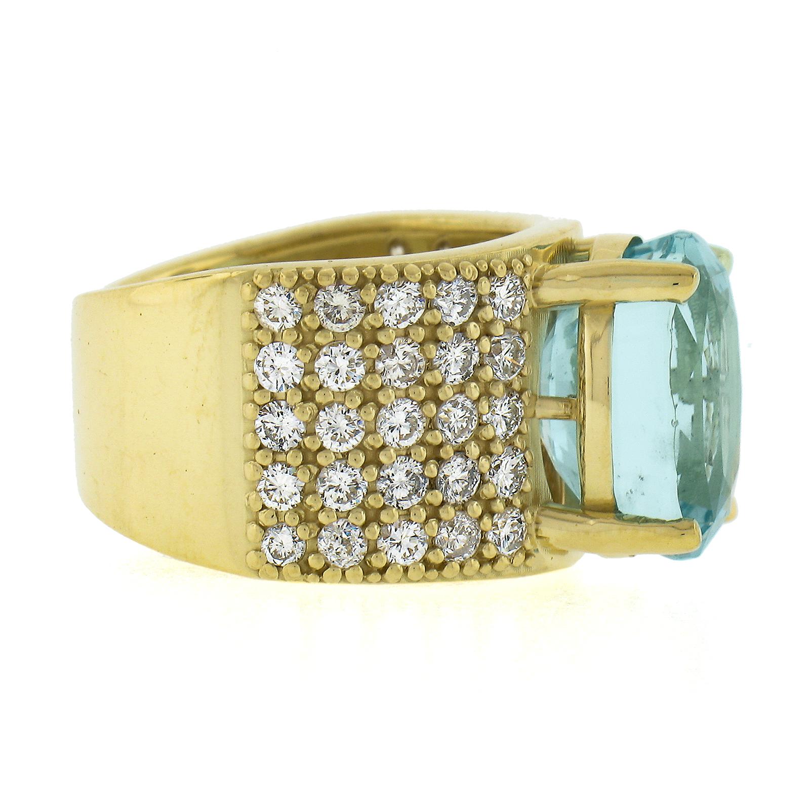 Women's 18k Yellow Gold 7.60ctw Large Oval Aquamarine & Pave Diamond Wide Cocktail Ring For Sale