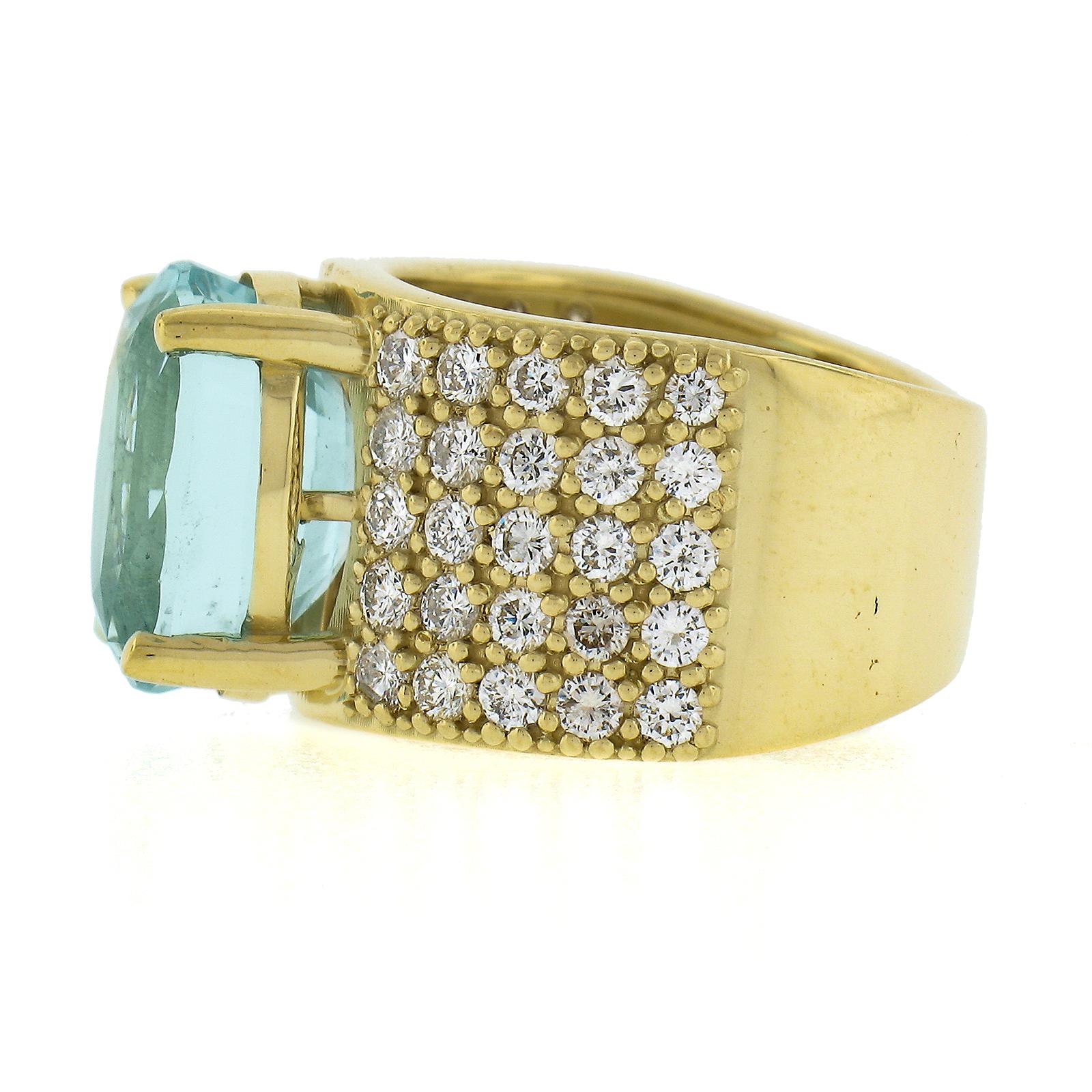 18k Yellow Gold 7.60ctw Large Oval Aquamarine & Pave Diamond Wide Cocktail Ring For Sale 1