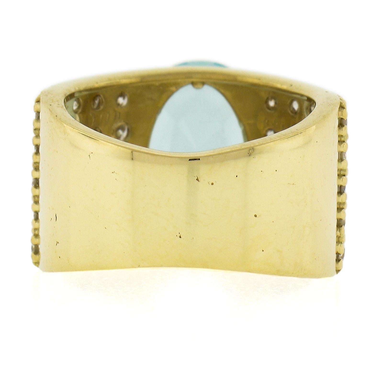 18k Yellow Gold 7.60ctw Large Oval Aquamarine & Pave Diamond Wide Cocktail Ring For Sale 2