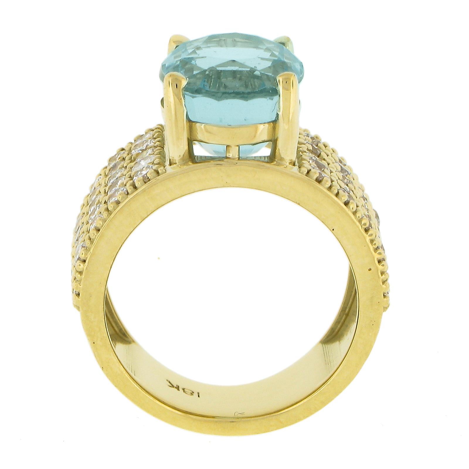 18k Yellow Gold 7.60ctw Large Oval Aquamarine & Pave Diamond Wide Cocktail Ring For Sale 3