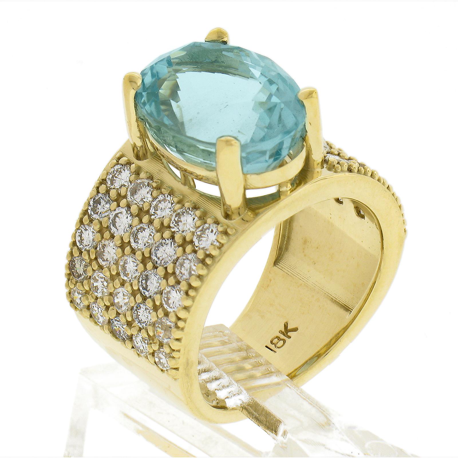 18k Yellow Gold 7.60ctw Large Oval Aquamarine & Pave Diamond Wide Cocktail Ring For Sale 4